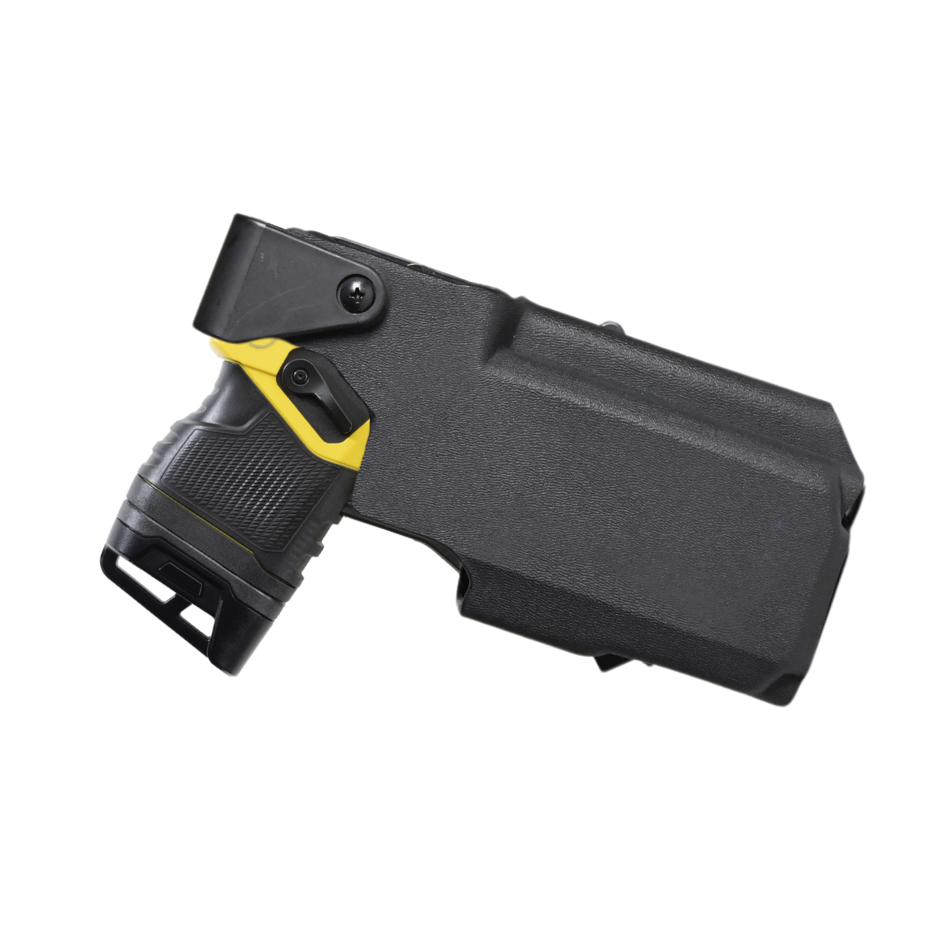 Side view of the black TASER 10 holster holding a TASER device